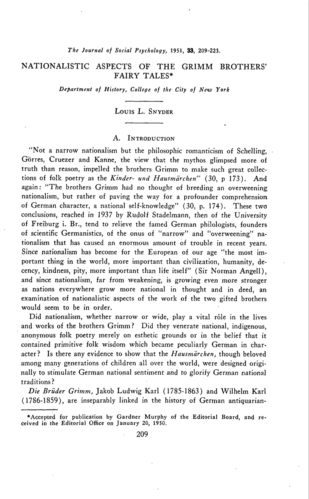 NATIONALISTIC ASPECTS of the GRIMM BROTHERS' FAIRY TALES* Department Oj History, College of the City of New York