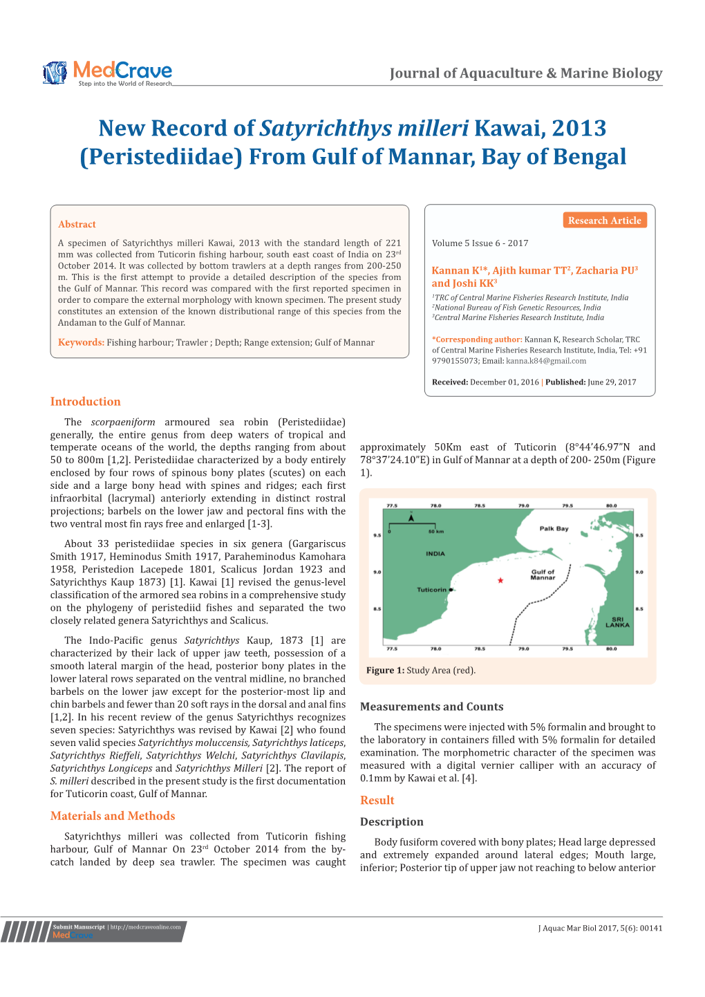 New Record of Satyrichthys Milleri Kawai, 2013 (Peristediidae) from Gulf of Mannar, Bay of Bengal