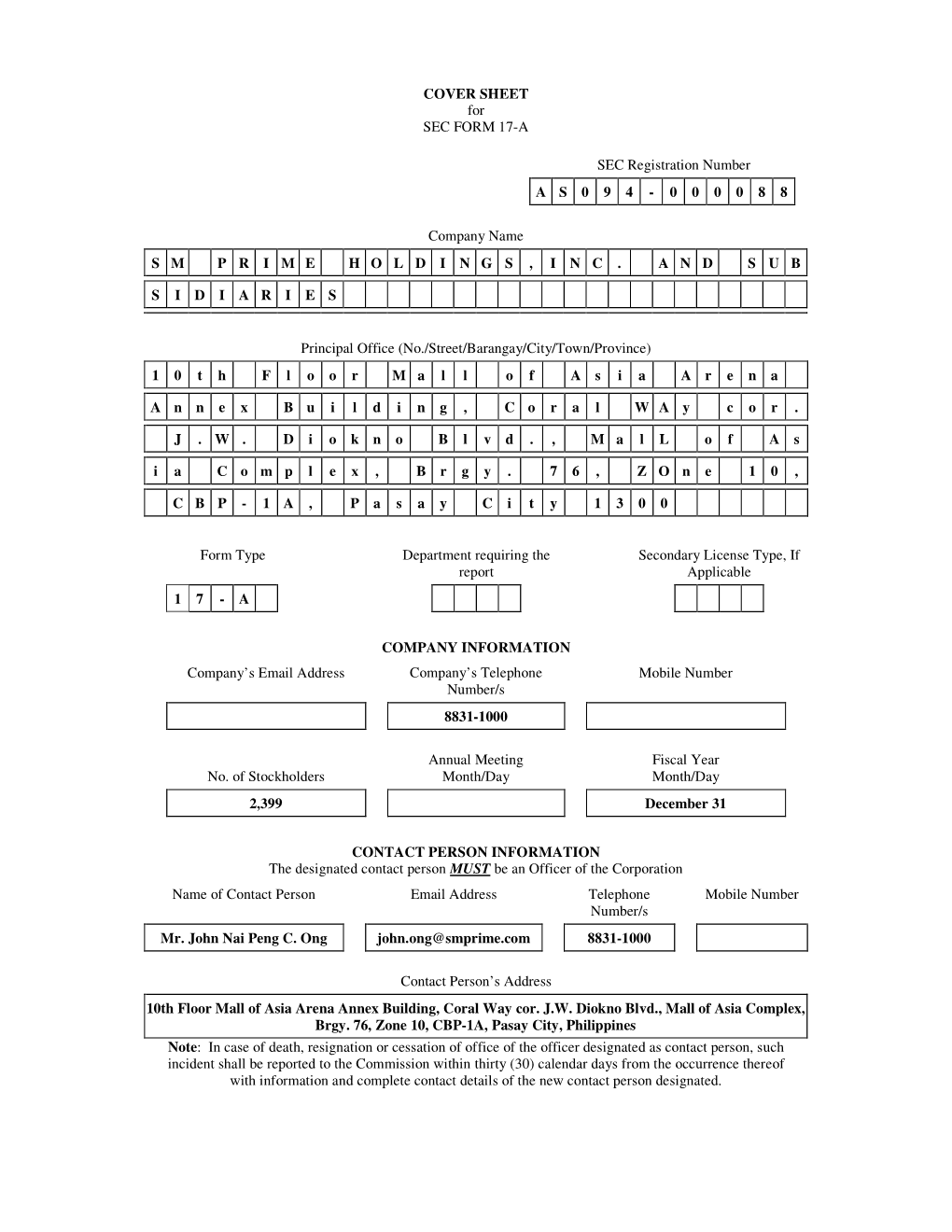 COVER SHEET for SEC FORM 17-A SEC