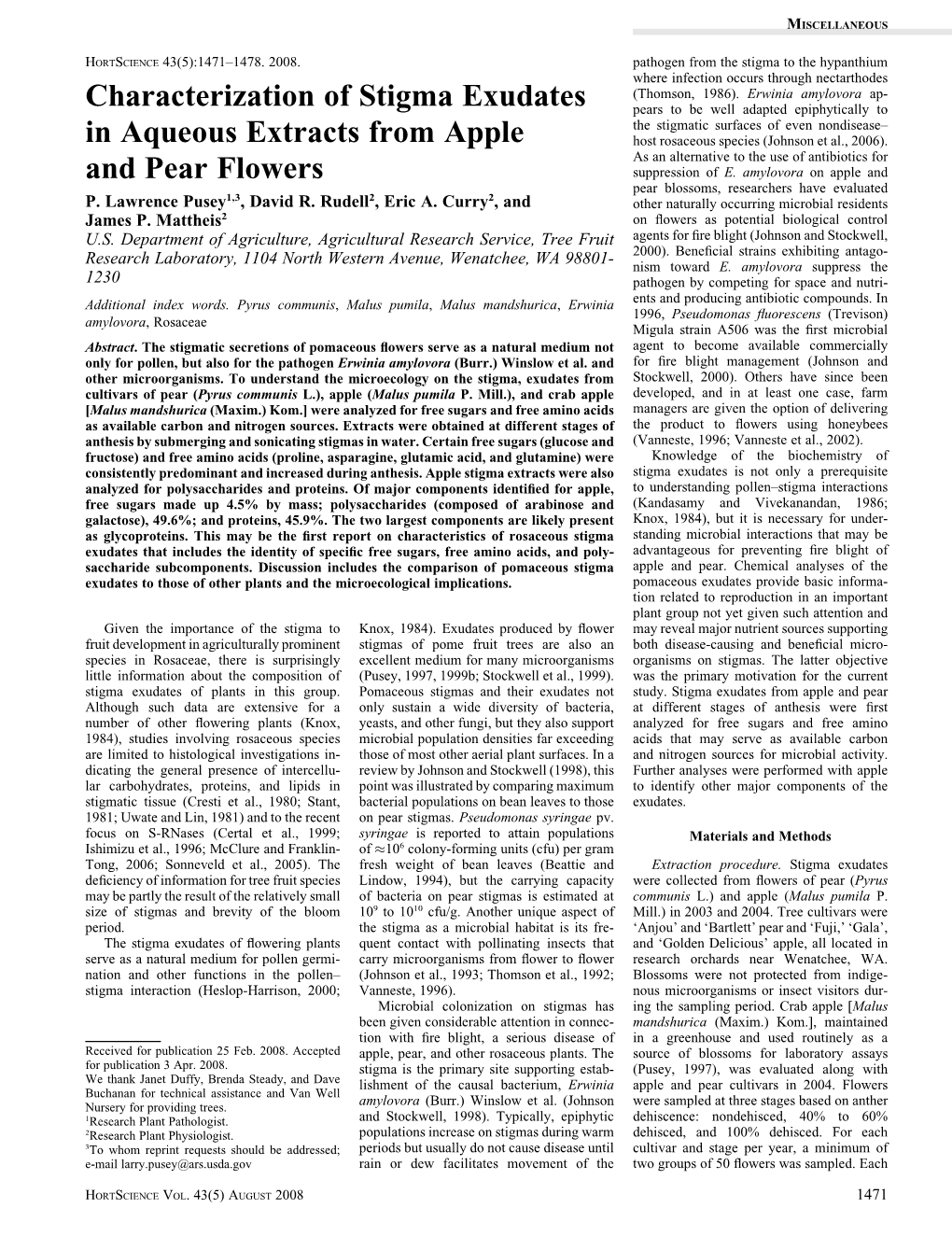 Characterization of Stigma Exudates in Aqueous Extracts from Apple And