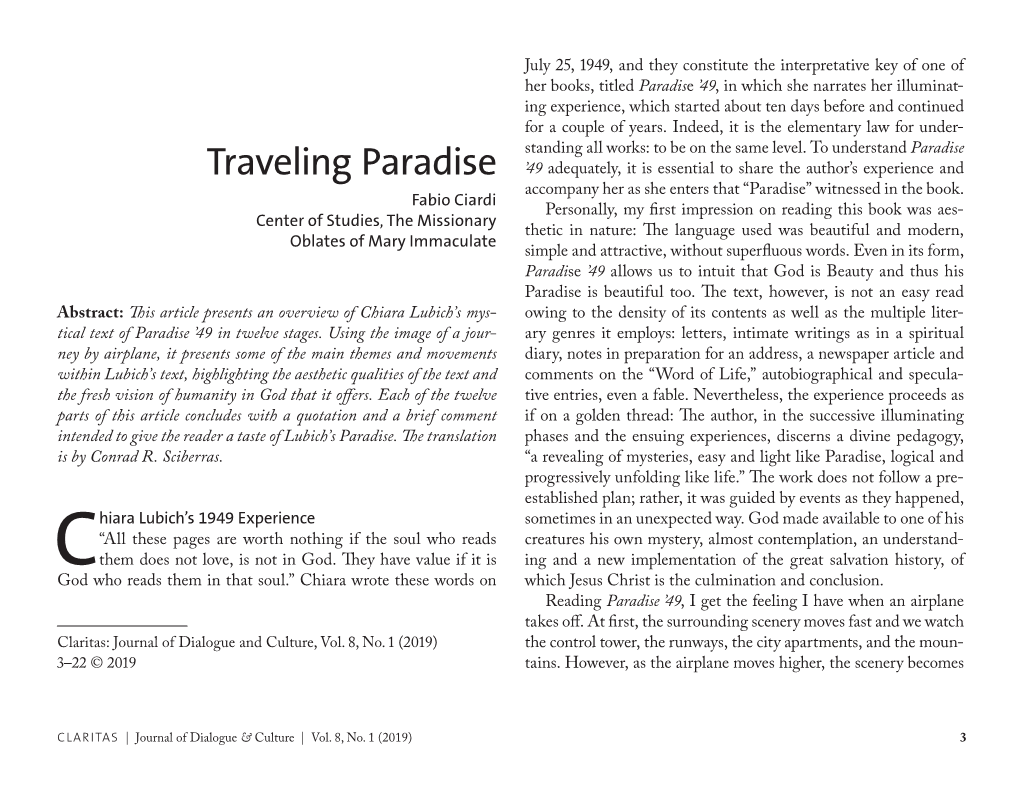 Traveling Paradise ’49 Adequately, It Is Essential to Share the Author’S Experience and Fabio Ciardi Accompany Her As She Enters That “Paradise” Witnessed in the Book