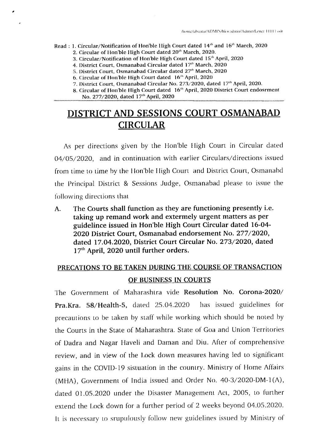 District and Sessions Court Osmanabad Circular