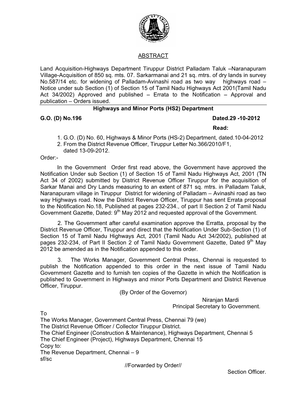 ABSTRACT Land Acquisition-Highways Department