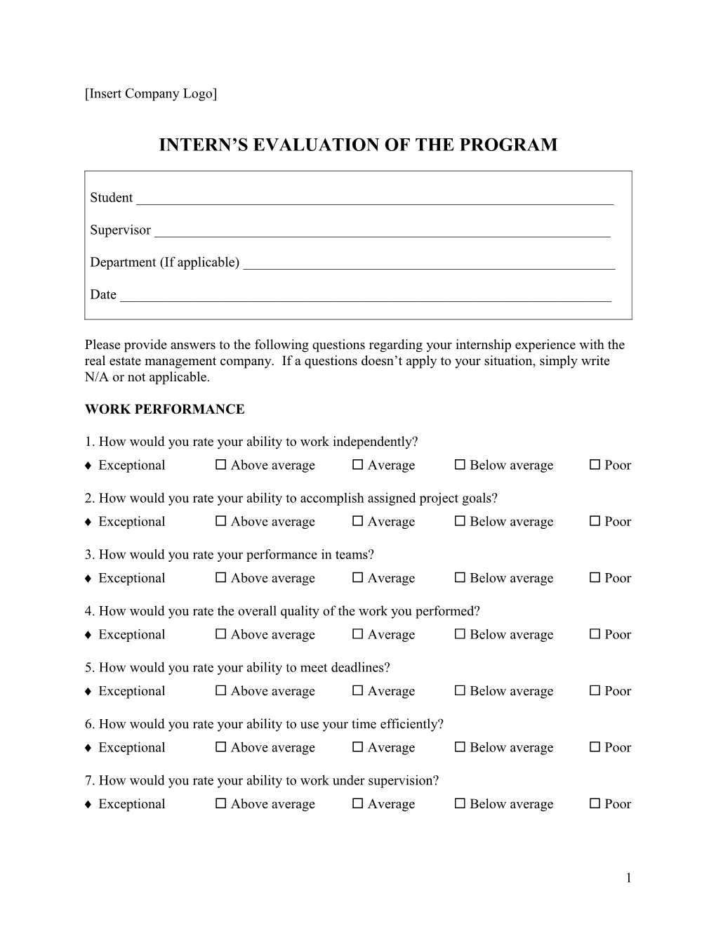 Intern's Evaluation of the Program