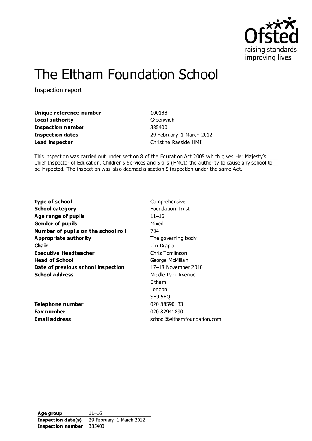 The Eltham Foundation School Inspection Report