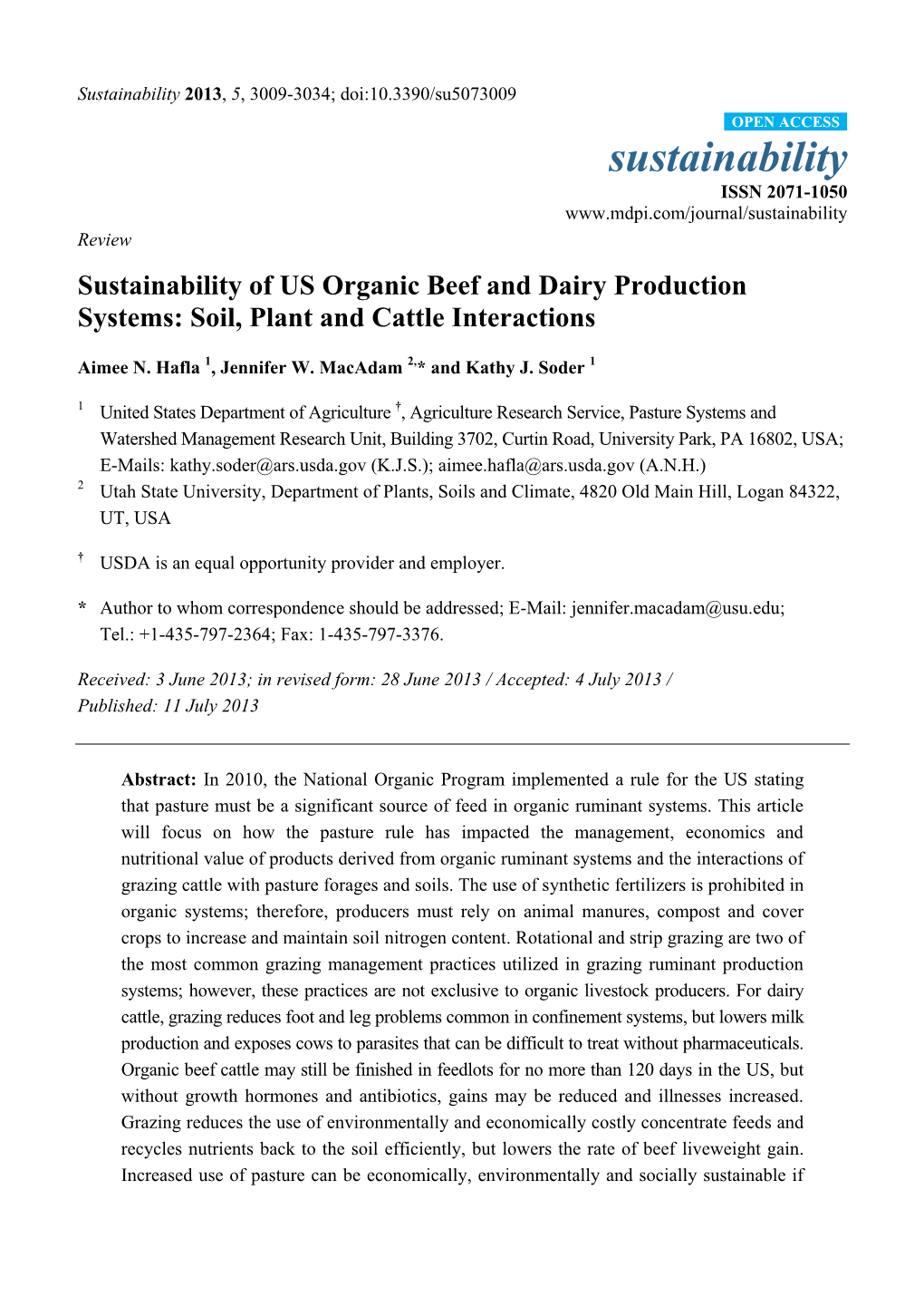 Sustainability of US Organic Beef and Dairy Production Systems: Soil, Plant and Cattle Interactions