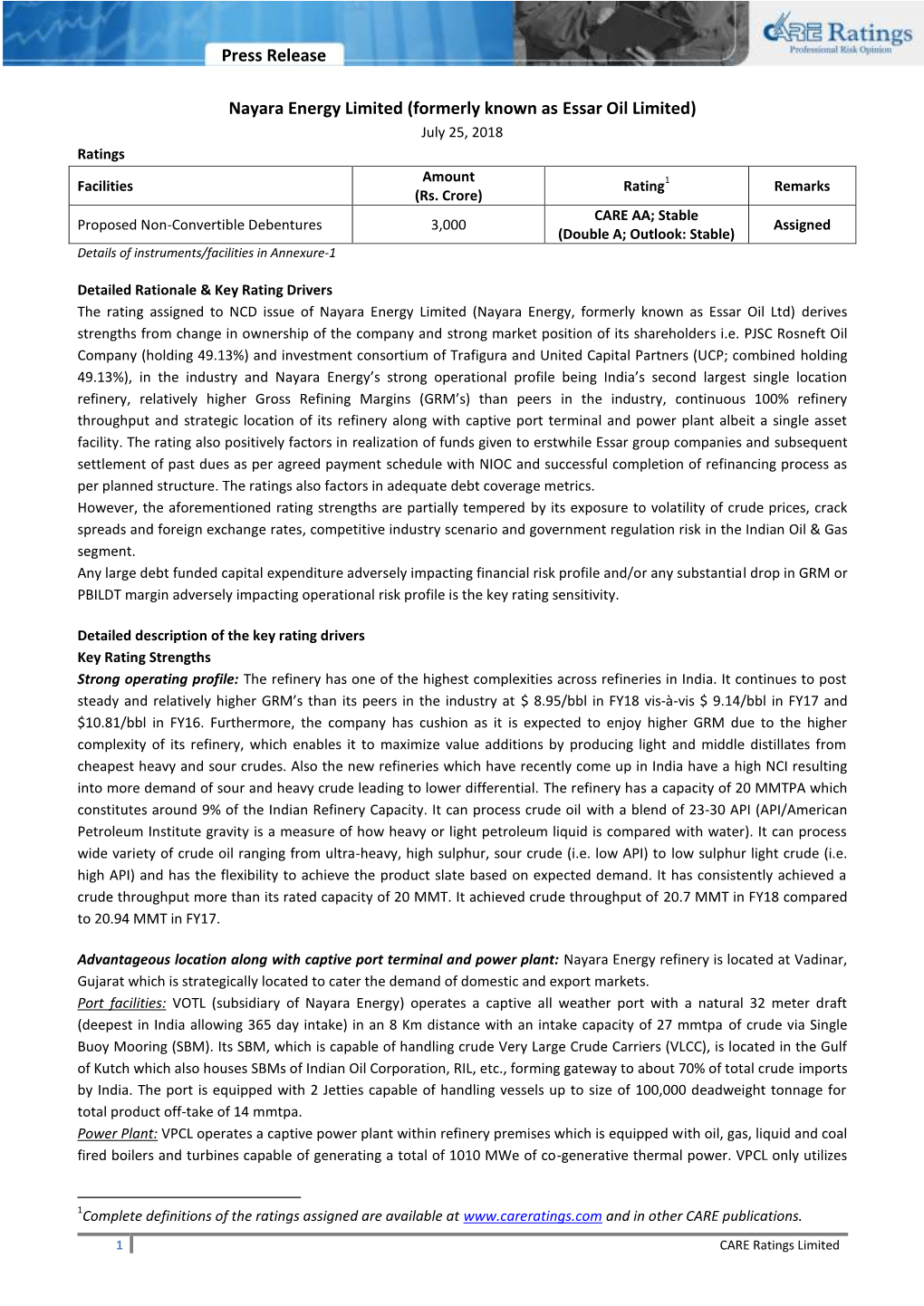 Press Release Nayara Energy Limited (Formerly Known As Essar Oil Limited)