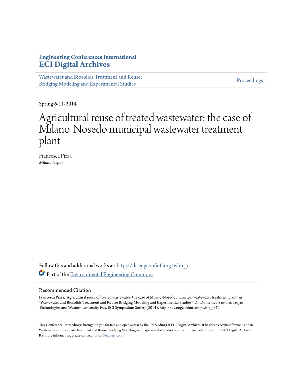 The Case of Milano-Nosedo Municipal Wastewater Treatment Plant Francesca Pizza Milano Depur