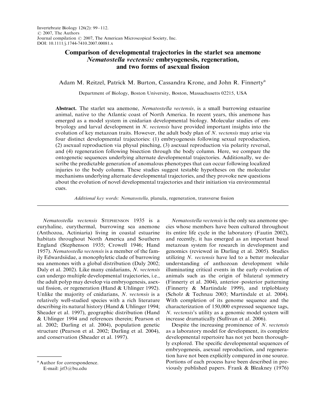 Comparison of Developmental Trajectories in the Starlet Sea Anemone Nematostella Vectensis: Embryogenesis, Regeneration, and Two Forms of Asexual Fission