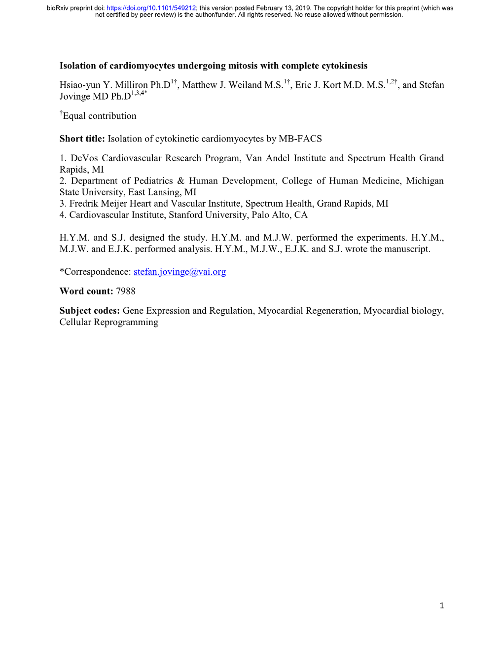 Isolation of Cardiomyocytes Undergoing Mitosis with Complete Cytokinesis Hsiao-Yun Y