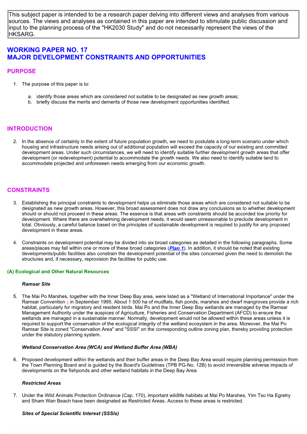 Working Paper No. 17 Major Development Constraints and Opportunities