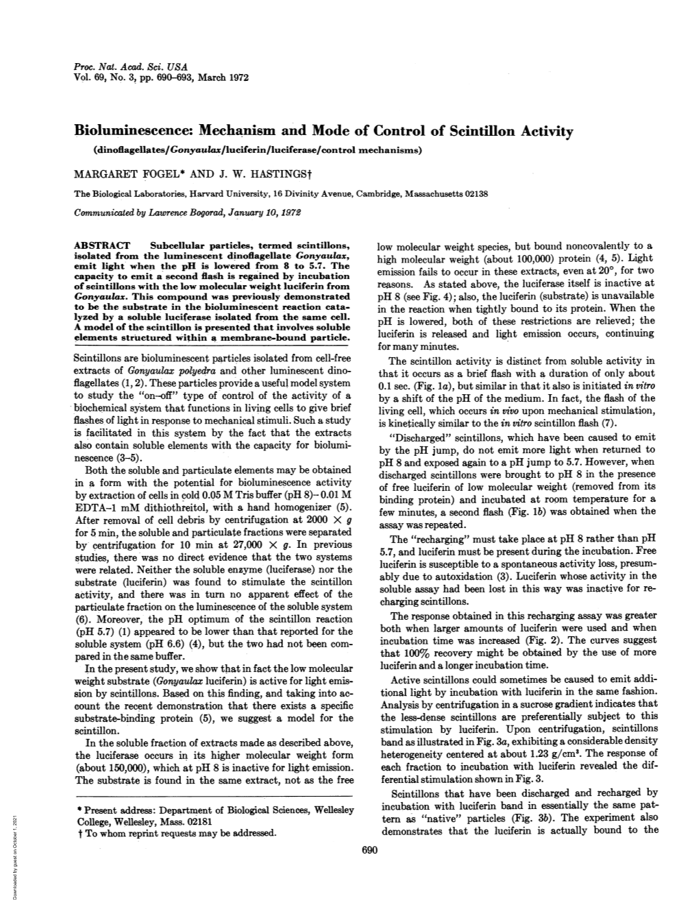 Bioluminescence: Mechanism and Mode of Control of Scintillon Activity (Dinoflagellates/Gonyaudax/Luciferin/Luciferase/Control Mechanisms) MARGARET FOGEL* and J