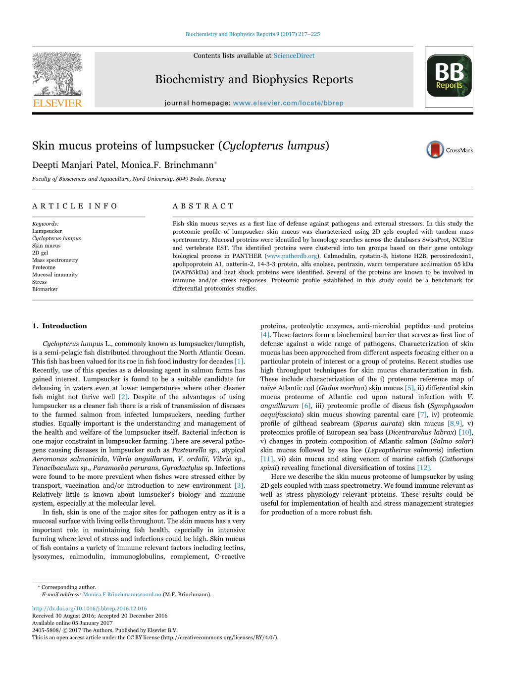 Skin Mucus Proteins of Lumpsucker (Cyclopterus Lumpus) MARK ⁎ Deepti Manjari Patel, Monica.F