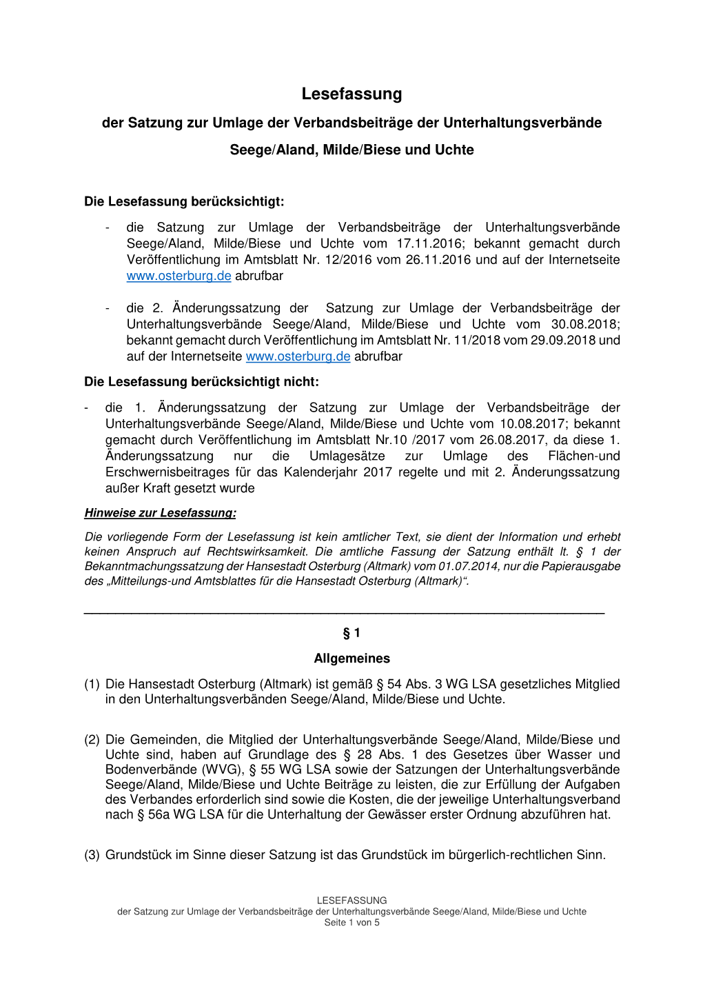 Lesefassung Der Satzung Zur Umlage Der Verbandsbeiträge Der Unterhaltungsverbände Seege/Aland, Milde/Biese Und Uchte