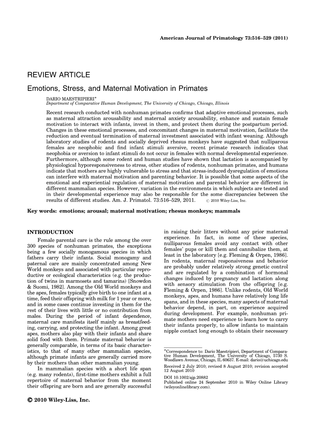 Emotions, Stress, and Maternal Motivation in Primates