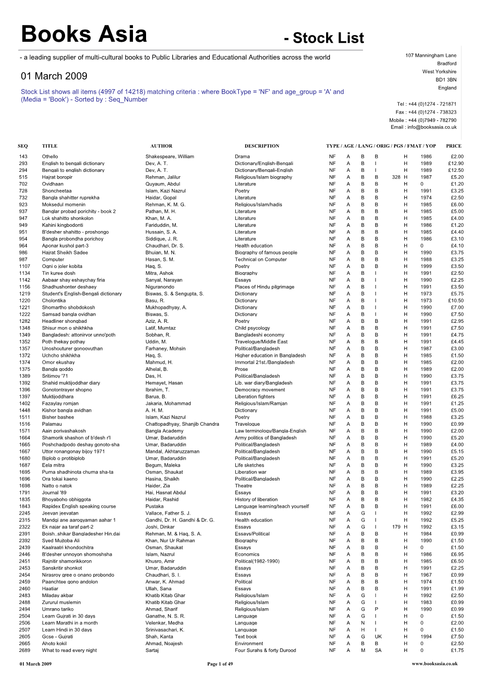 Books Asia Stock List