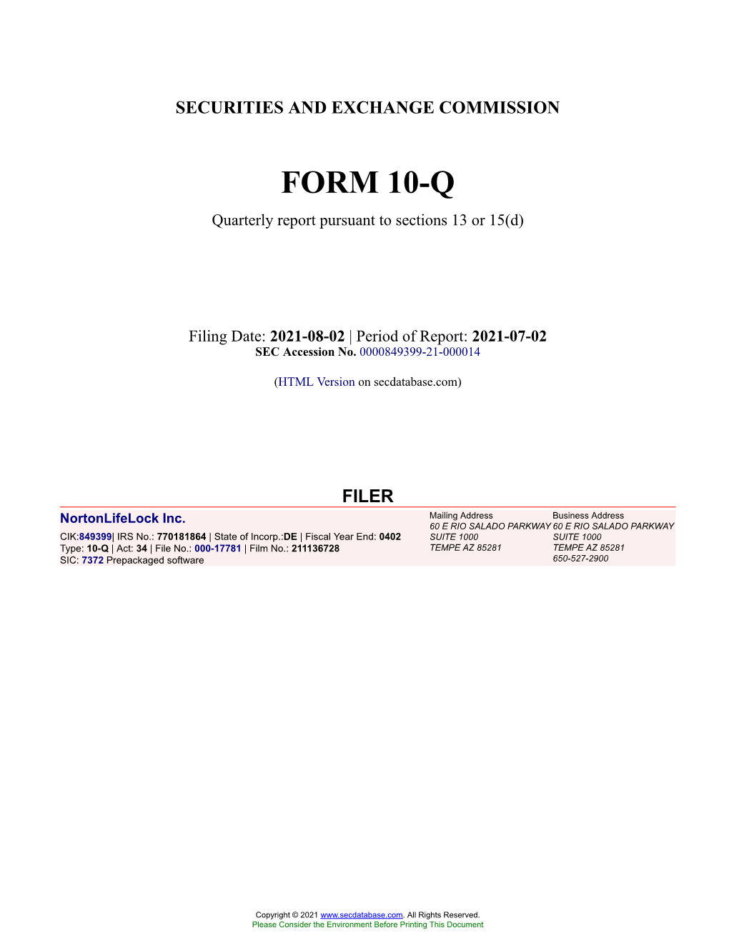 Nortonlifelock Inc. Form 10-Q Quarterly Report Filed 2021-08-02