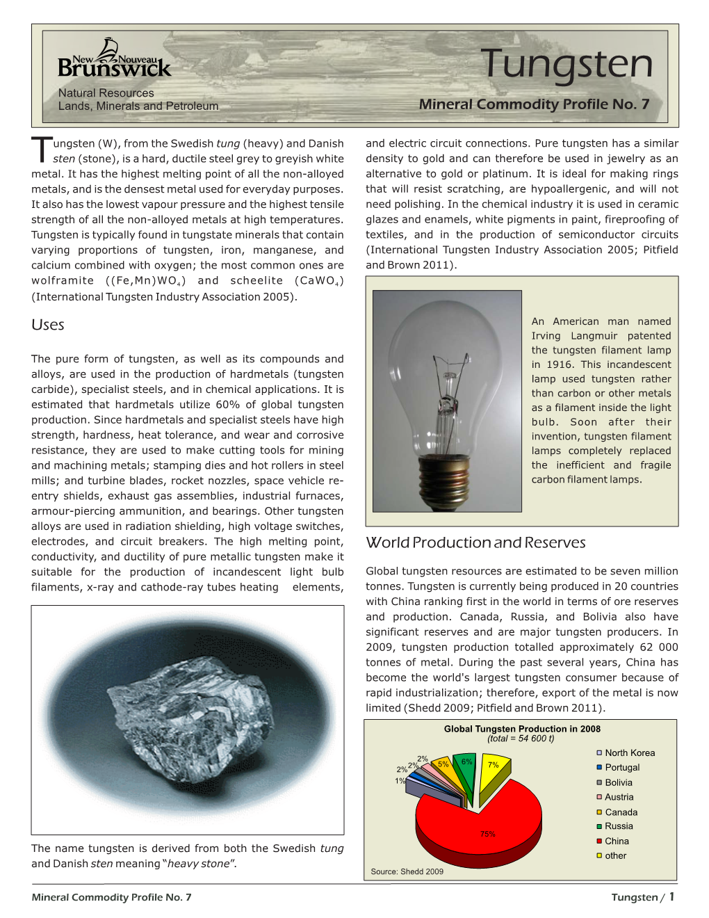 Tungsten Natural Resources Lands, Minerals and Petroleum Mineral Commodity Profile No