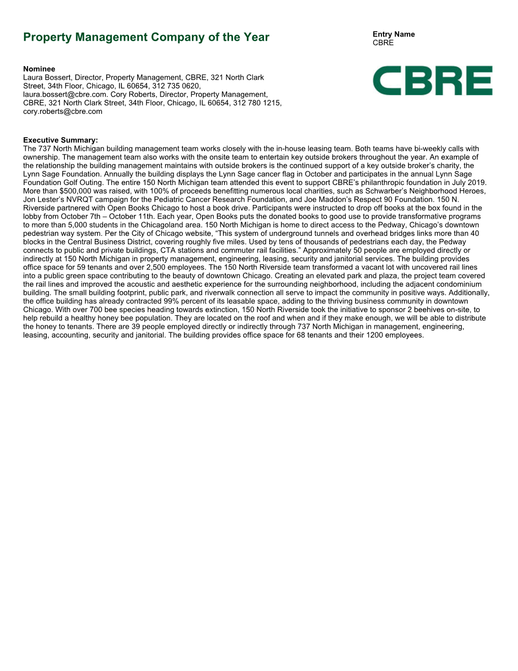 Property Management Company of the Year CBRE