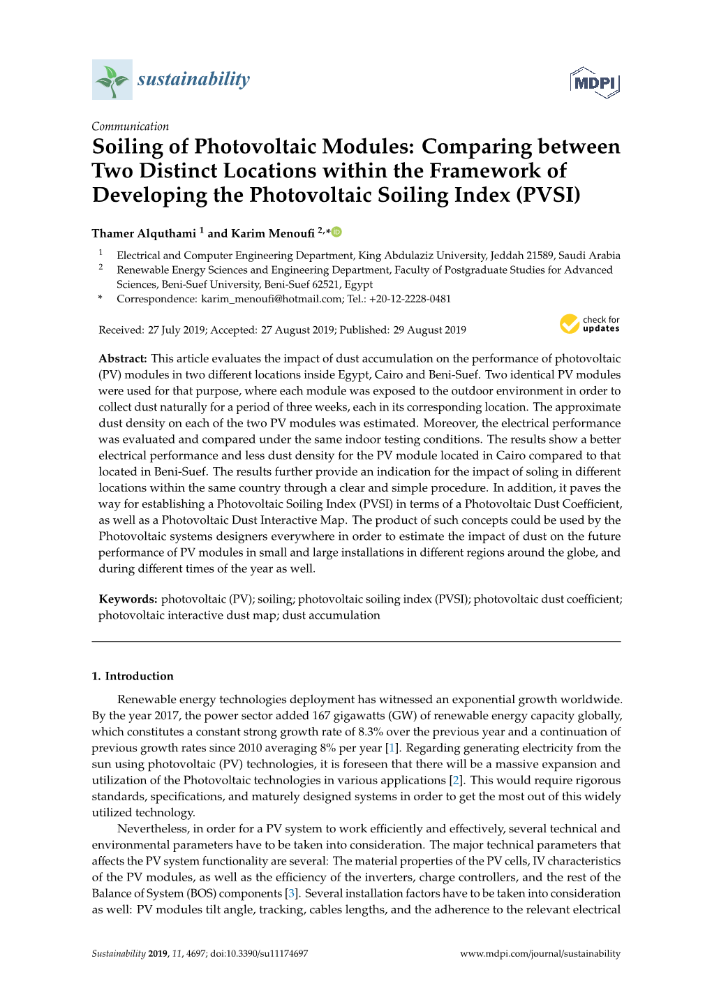 Soiling of Photovoltaic Modules: Comparing Between Two Distinct Locations Within the Framework of Developing the Photovoltaic Soiling Index (PVSI)