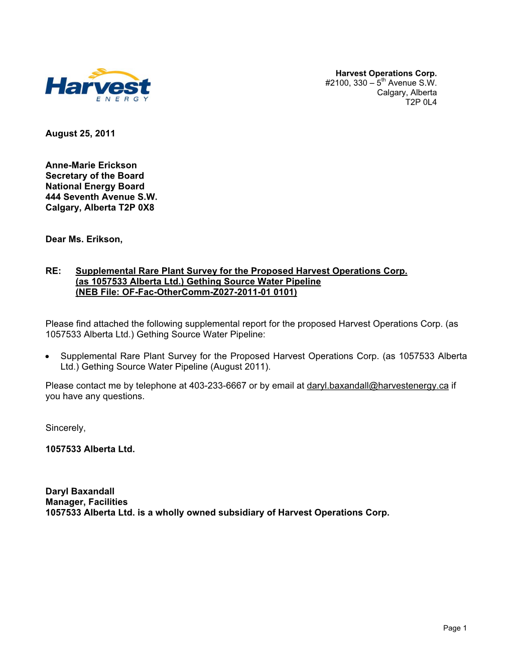 Supplemental Rare Plant Survey for the Proposed Harvest Operations Corp