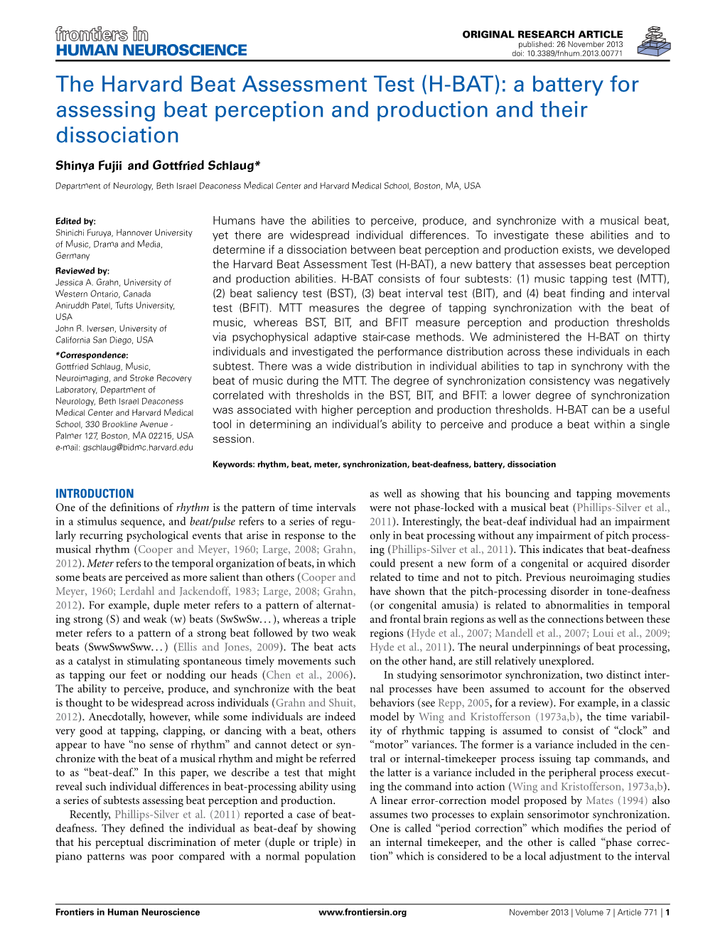 (H-BAT): a Battery for Assessing Beat Perception and Production and Their Dissociation