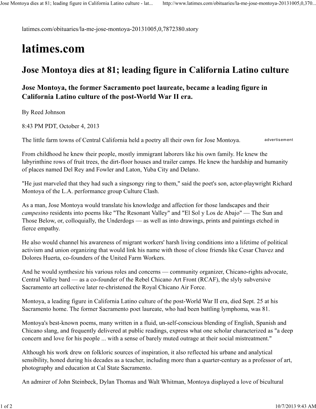 Jose Montoya Dies at 81; Leading Figure in California Latino Culture - Lat