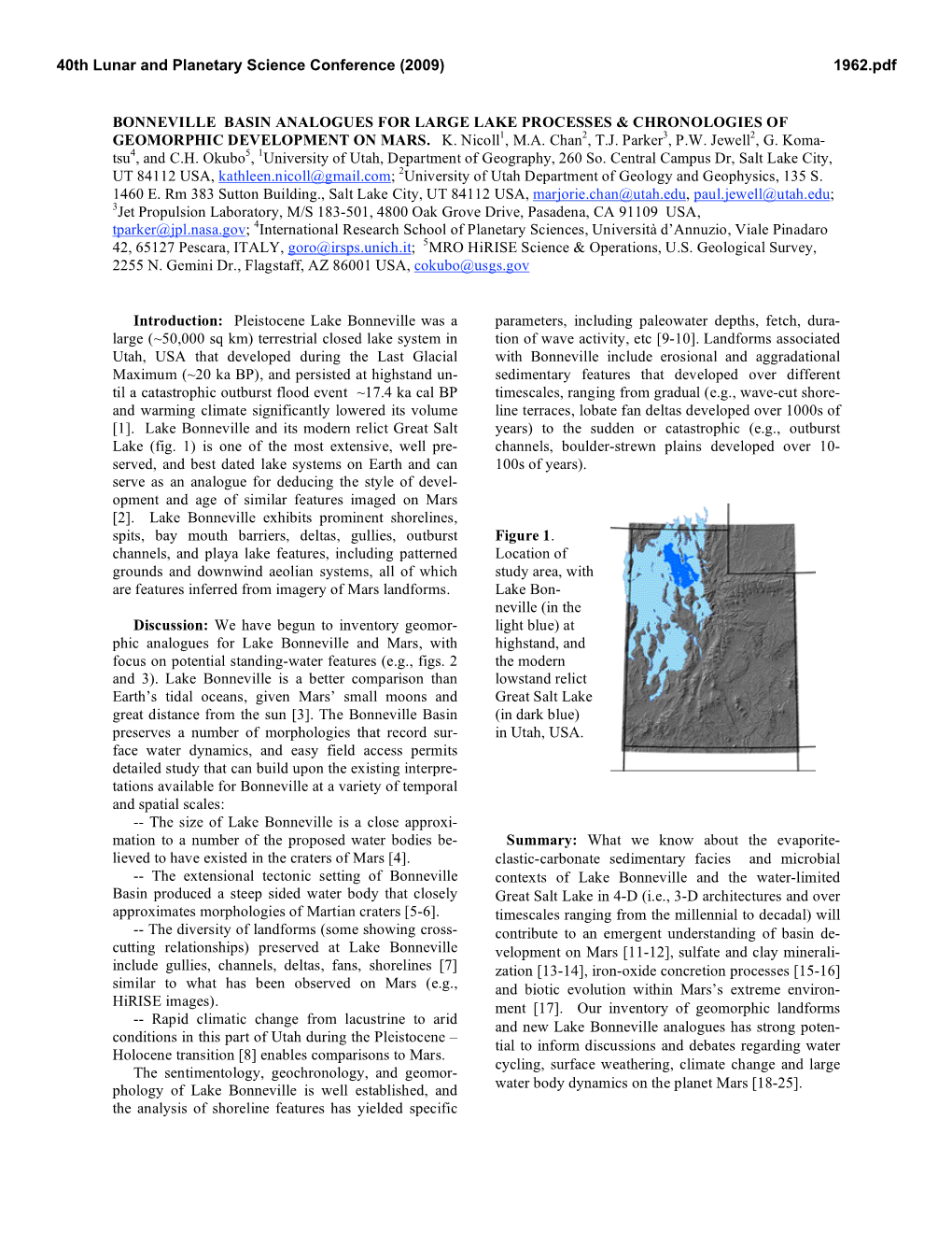 BONNEVILLE BASIN ANALOGUES for LARGE LAKE PROCESSES & CHRONOLOGIES of GEOMORPHIC DEVELOPMENT on MARS. K. Nicoll1, M.A. Chan