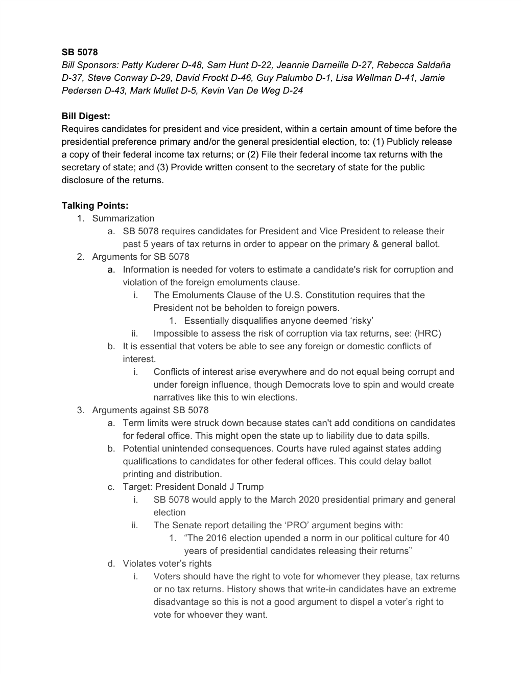 SB 5078 Bill Sponsors: Patty Kuderer D-48, Sam Hunt D-22