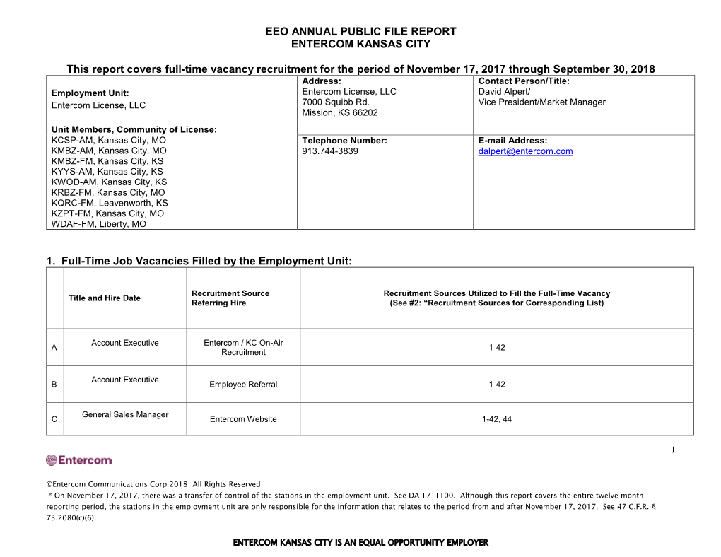 EEO ANNUAL PUBLIC FILE REPORT ENTERCOM KANSAS CITY This