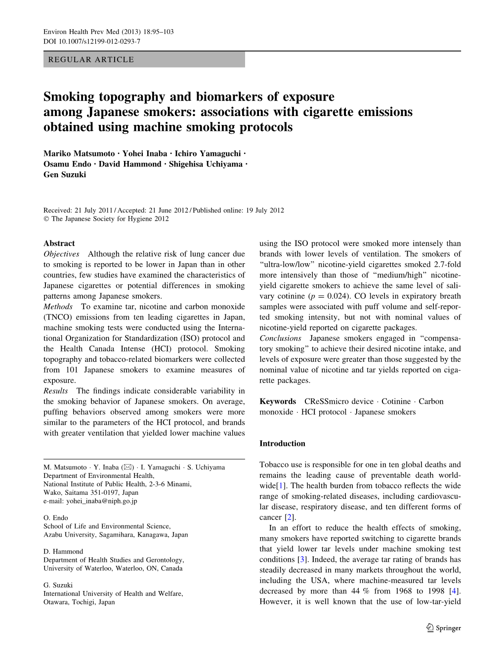 Smoking Topography and Biomarkers of Exposure Among Japanese Smokers: Associations with Cigarette Emissions Obtained Using Machine Smoking Protocols