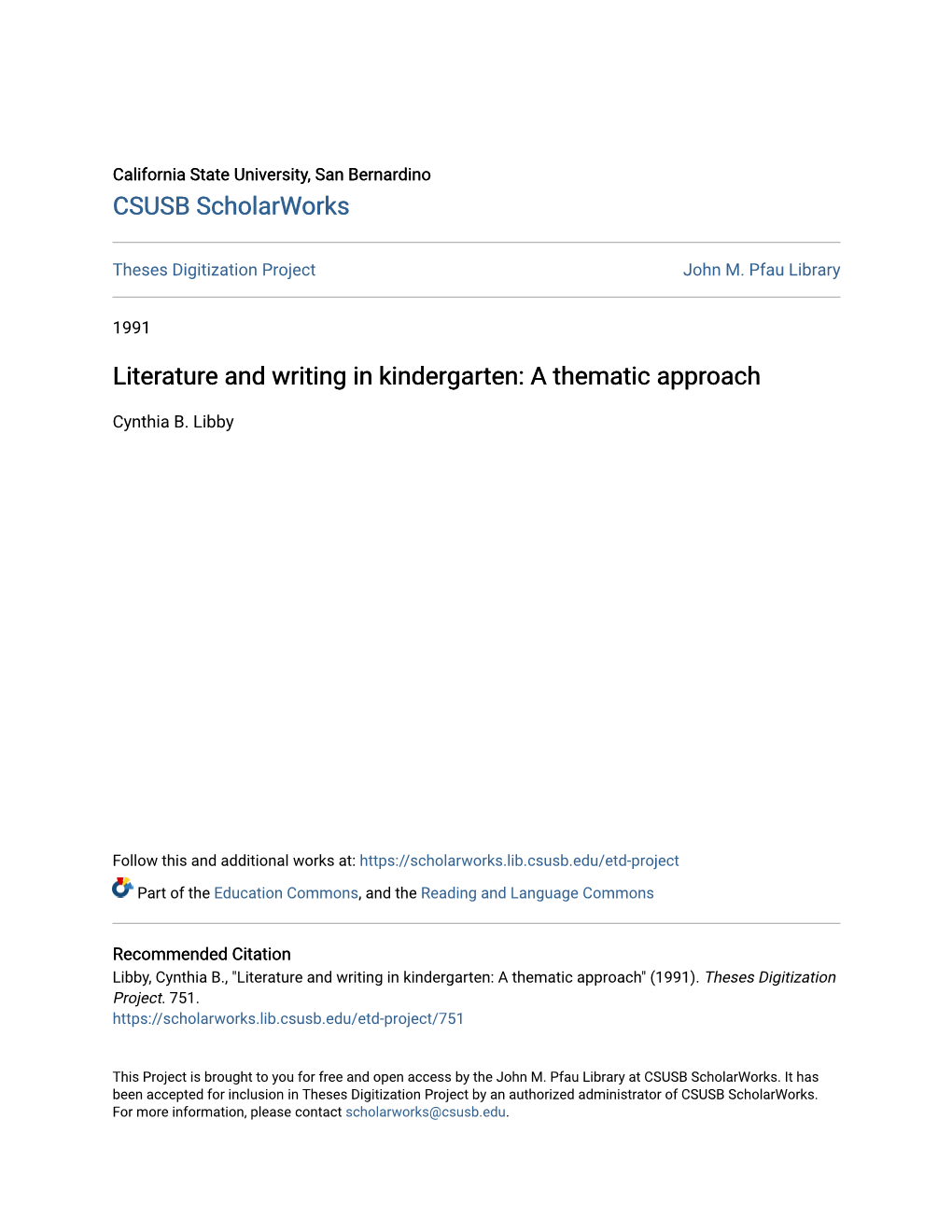 Literature and Writing in Kindergarten: a Thematic Approach