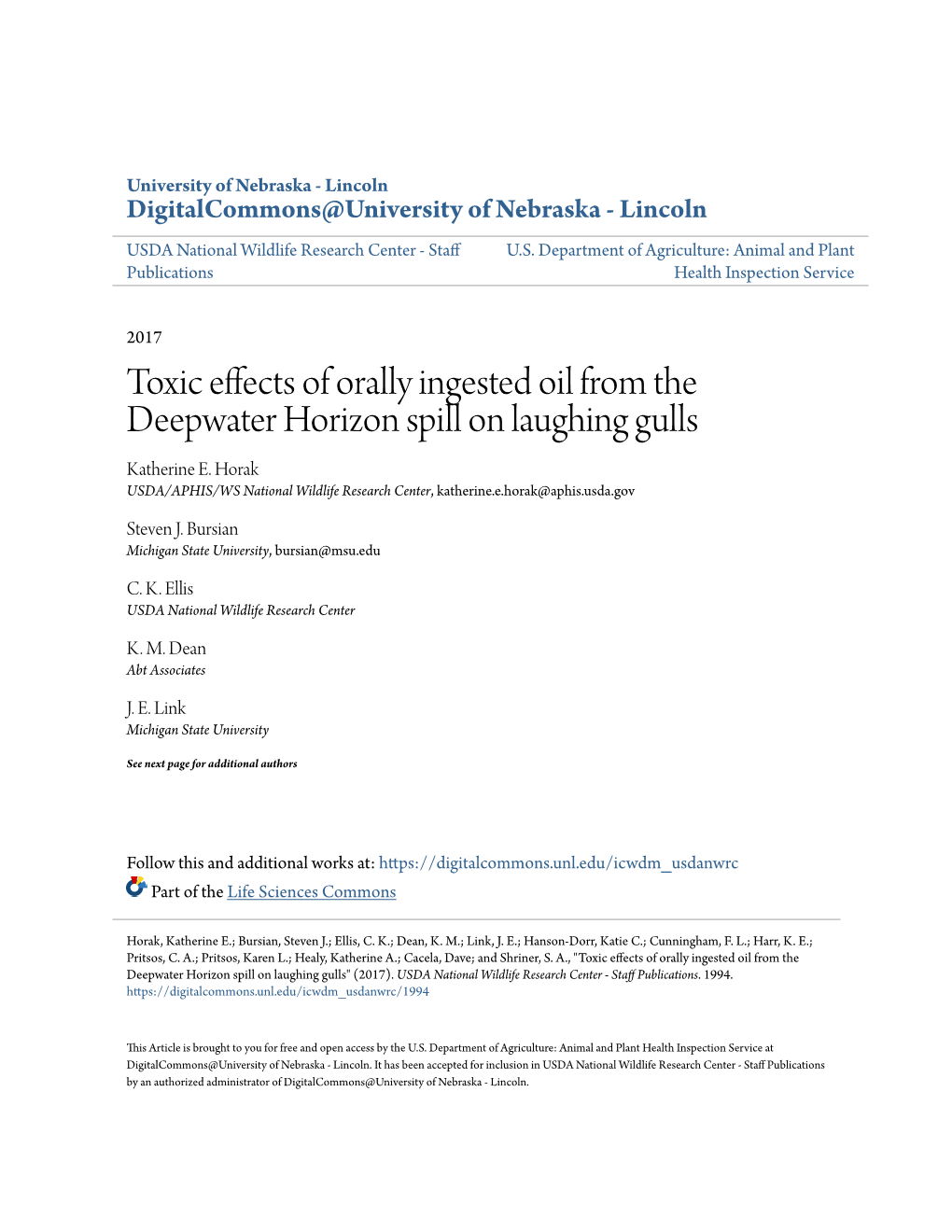 Toxic Effects of Orally Ingested Oil from the Deepwater Horizon Spill on Laughing Gulls Katherine E