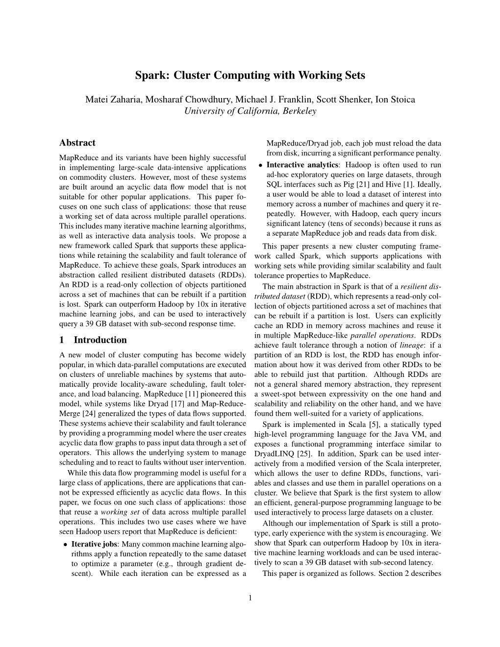 Cluster Computing with Working Sets