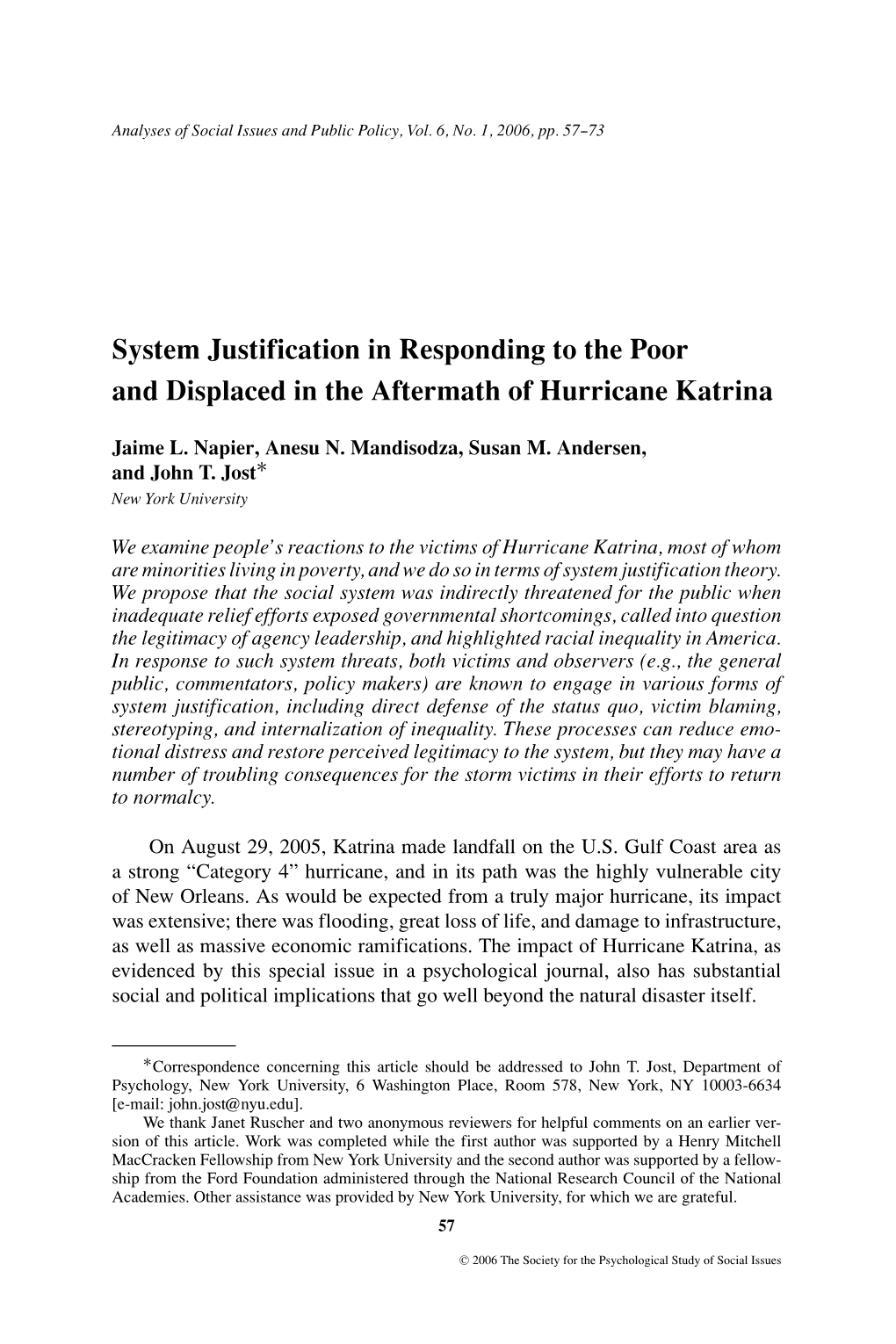 System Justification in Responding to the Poor and Displaced in the Aftermath of Hurricane Katrina