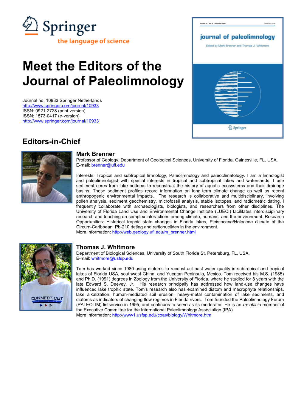 Meet the Editors of the Journal of Paleolimnology