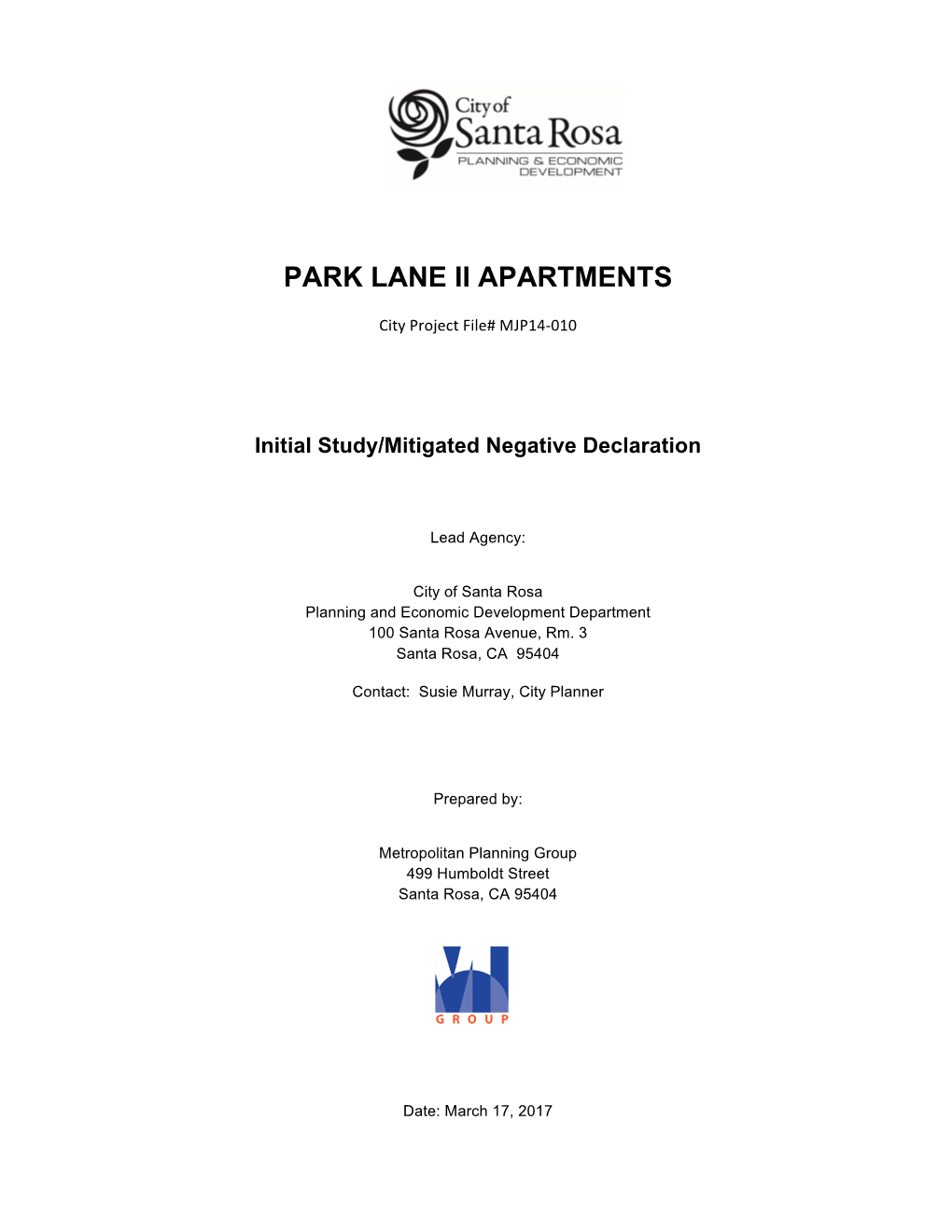 Park Lane II Apartments Initial Study / Mitigated Negative Declaration