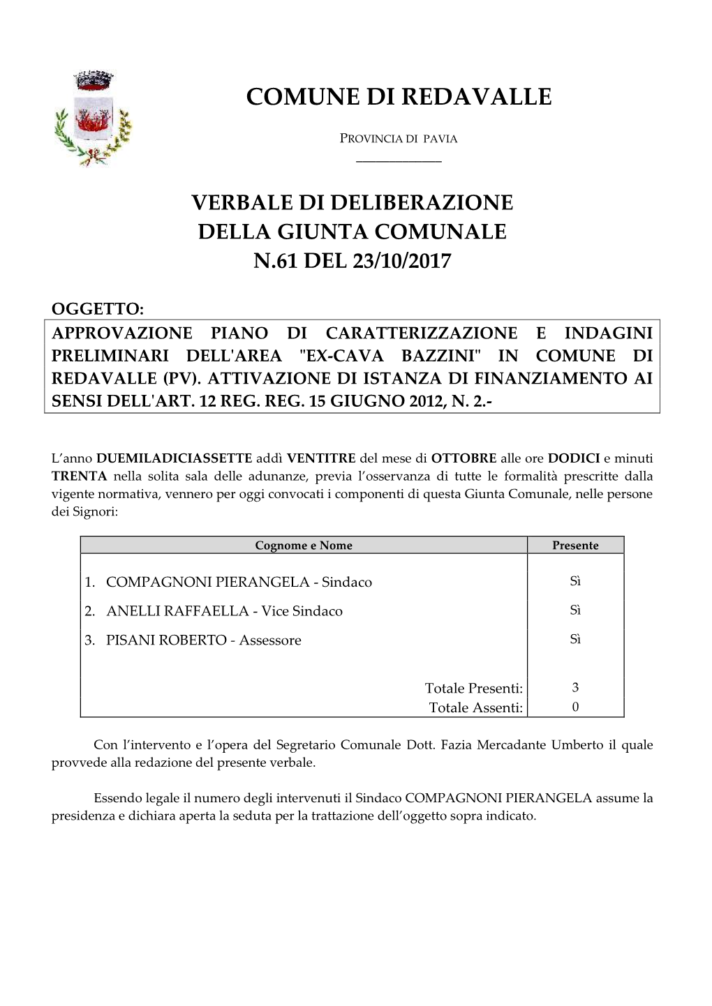 Verbale Di Deliberazione Della Giunta Comunale N.61 Del 23/10/2017