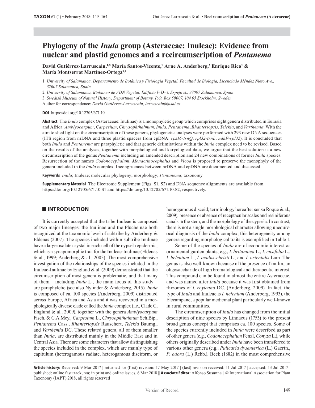 Phylogeny of the Inula Group (Asteraceae: Inuleae): Evidence