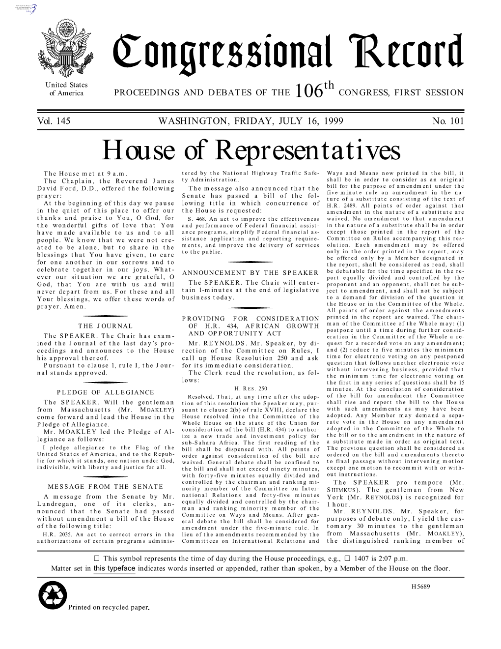 Congressional Record United States Th of America PROCEEDINGS and DEBATES of the 106 CONGRESS, FIRST SESSION