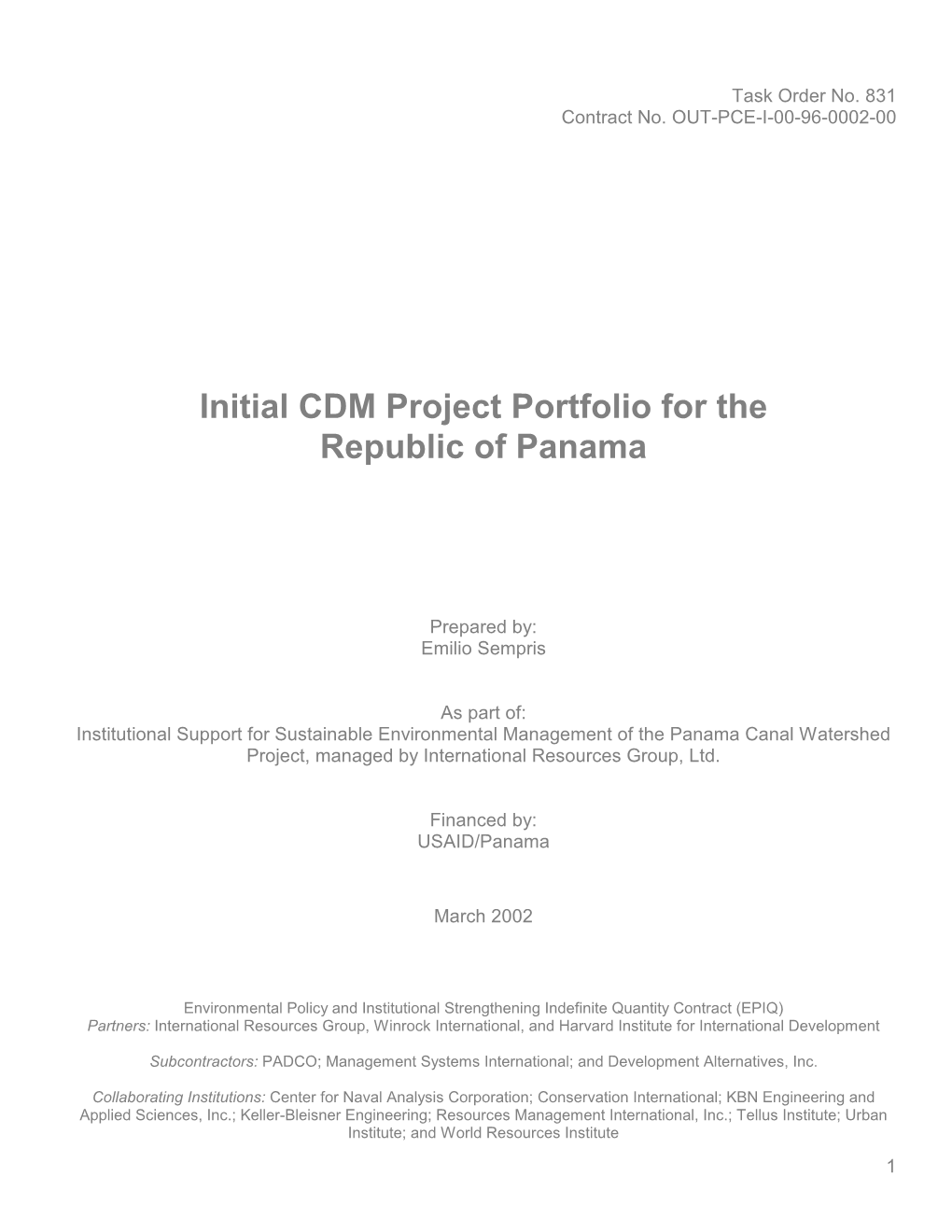 Initial CDM Project Portfolio for the Republic of Panama