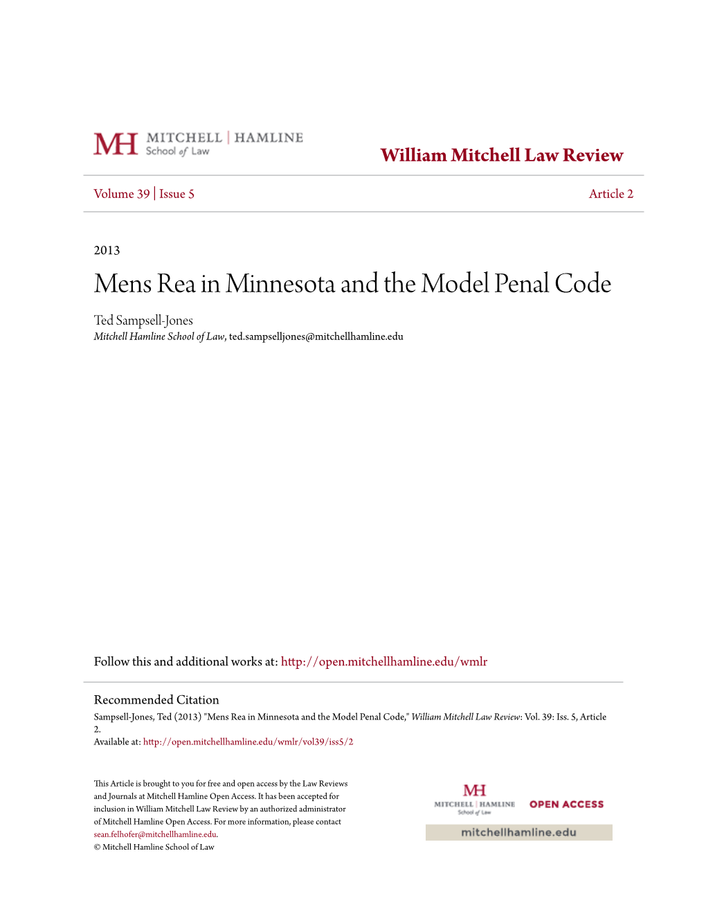 Mens Rea in Minnesota and the Model Penal Code Ted Sampsell-Jones Mitchell Hamline School of Law, Ted.Sampselljones@Mitchellhamline.Edu