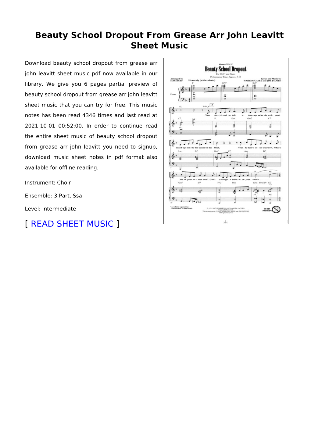 Beauty School Dropout from Grease Arr John Leavitt Sheet Music