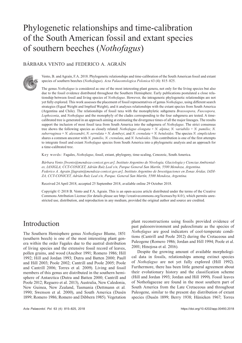 Phylogenetic Relationships and Time-Calibration of the South American Fossil and Extant Species of Southern Beeches (Nothofagus)