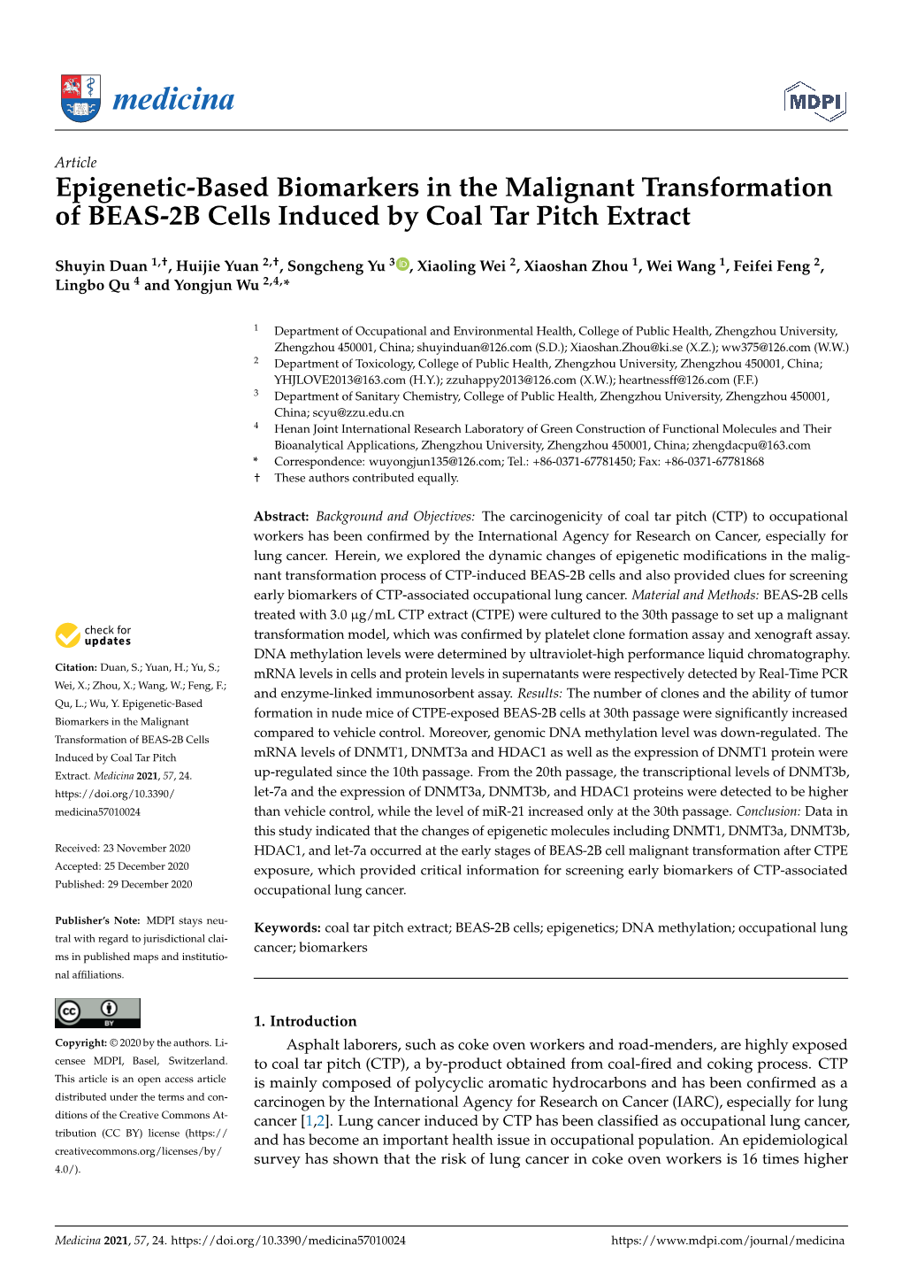 Epigenetic-Based Biomarkers in the Malignant Transformation of BEAS-2B Cells Induced by Coal Tar Pitch Extract