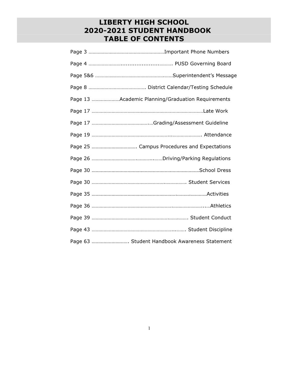 Liberty High School 2020-2021 Student Handbook Table of Contents