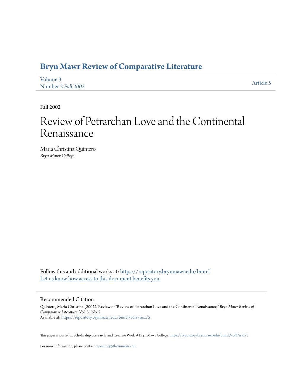 Review of Petrarchan Love and the Continental Renaissance Maria Christina Quintero Bryn Mawr College