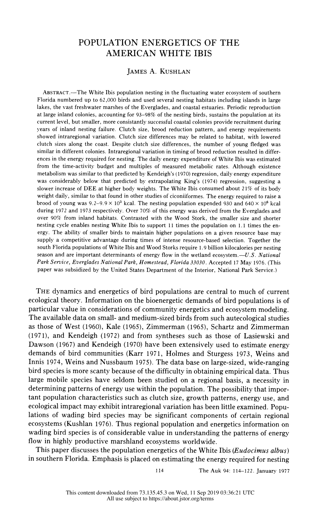 Population Energetics of the American White Ibis