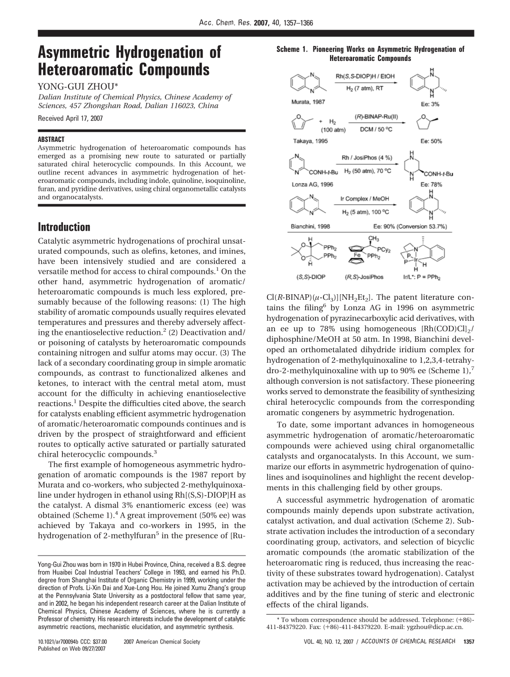 Asymmetric Hydrogenation of Heteroaromatic Compounds