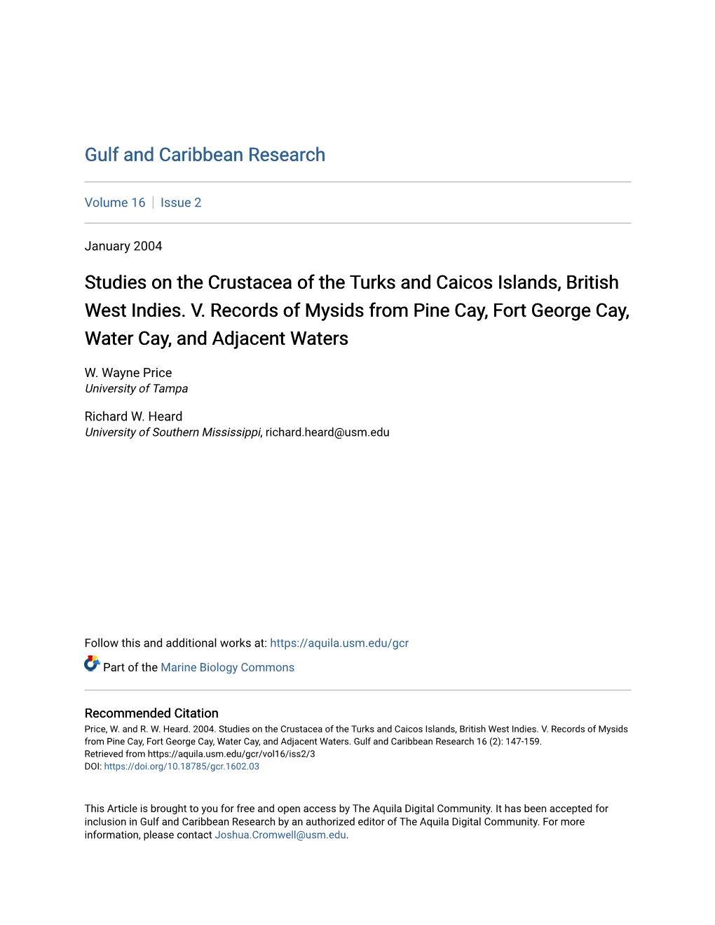 Studies on the Crustacea of the Turks and Caicos Islands, British West Indies